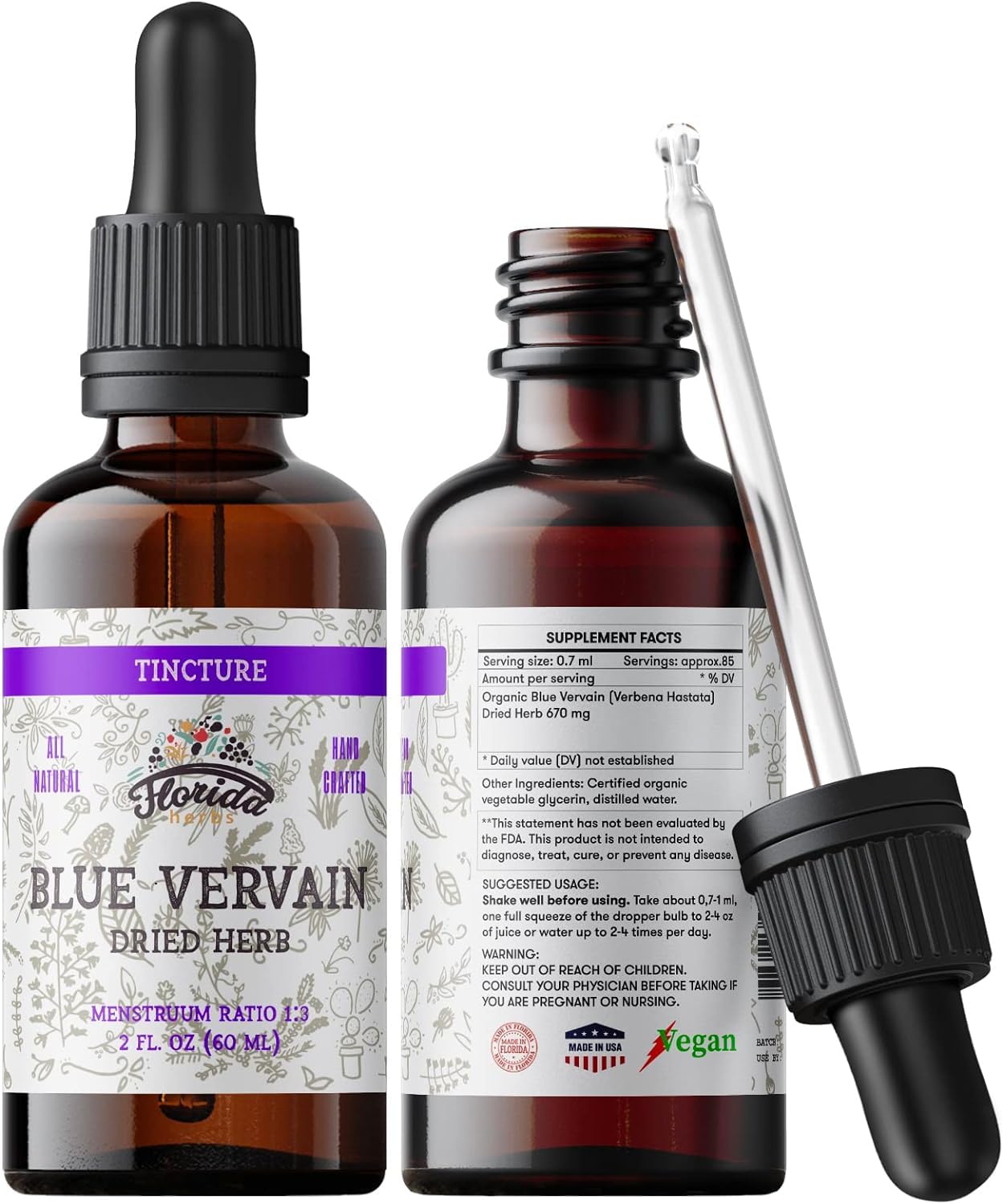 FLORIDA HERBS botella frontal del extracto Blue Vervain mostrando etiqueta clara y origen