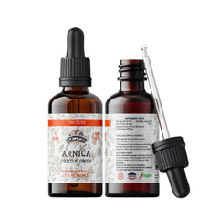 FLORIDA HERBS frasco frontal de tintura de árnica mostrando etiqueta clara y ventaja orgánica