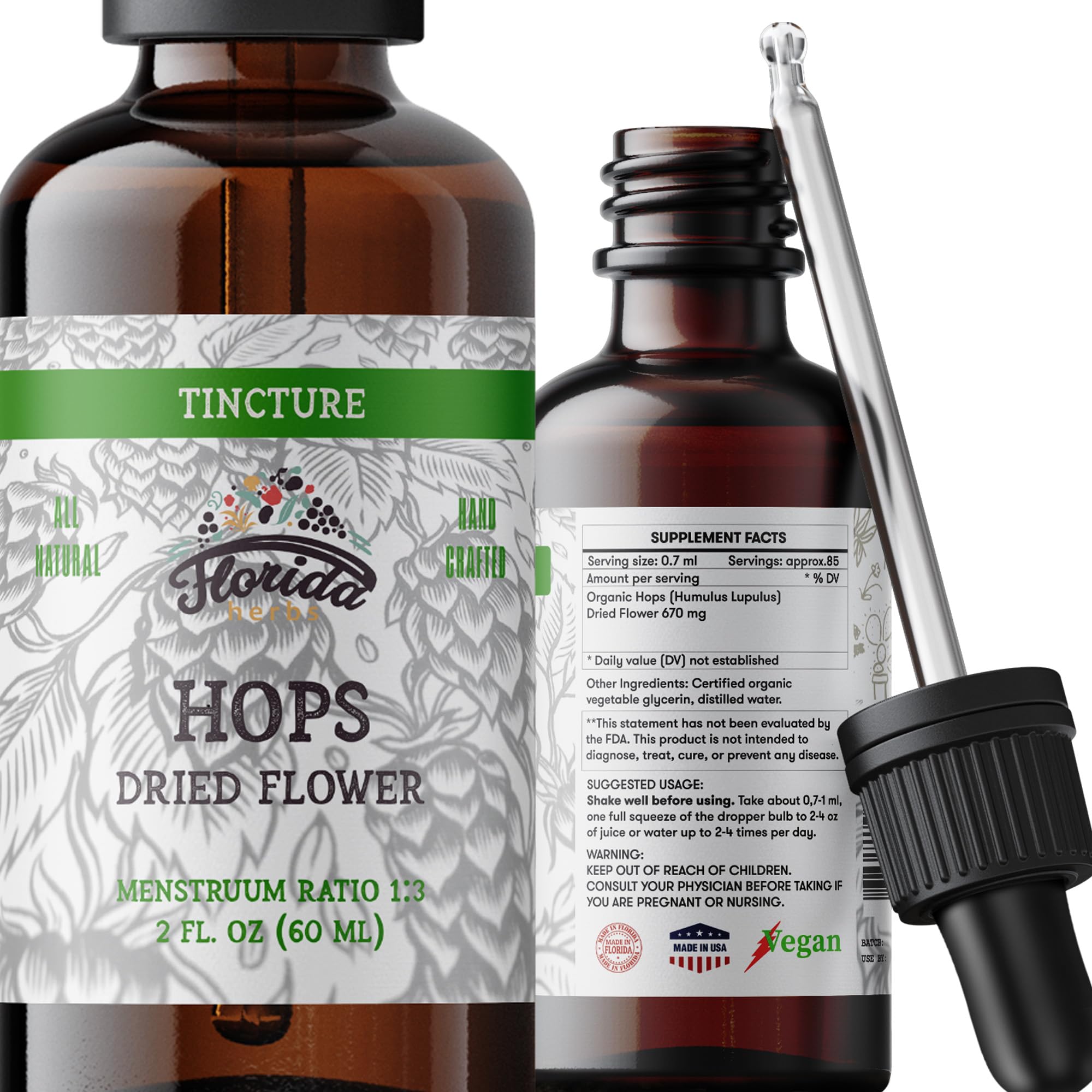 FLORIDA HERBS frasco frente mostrando marca y formato 2 oz, práctica dosificación