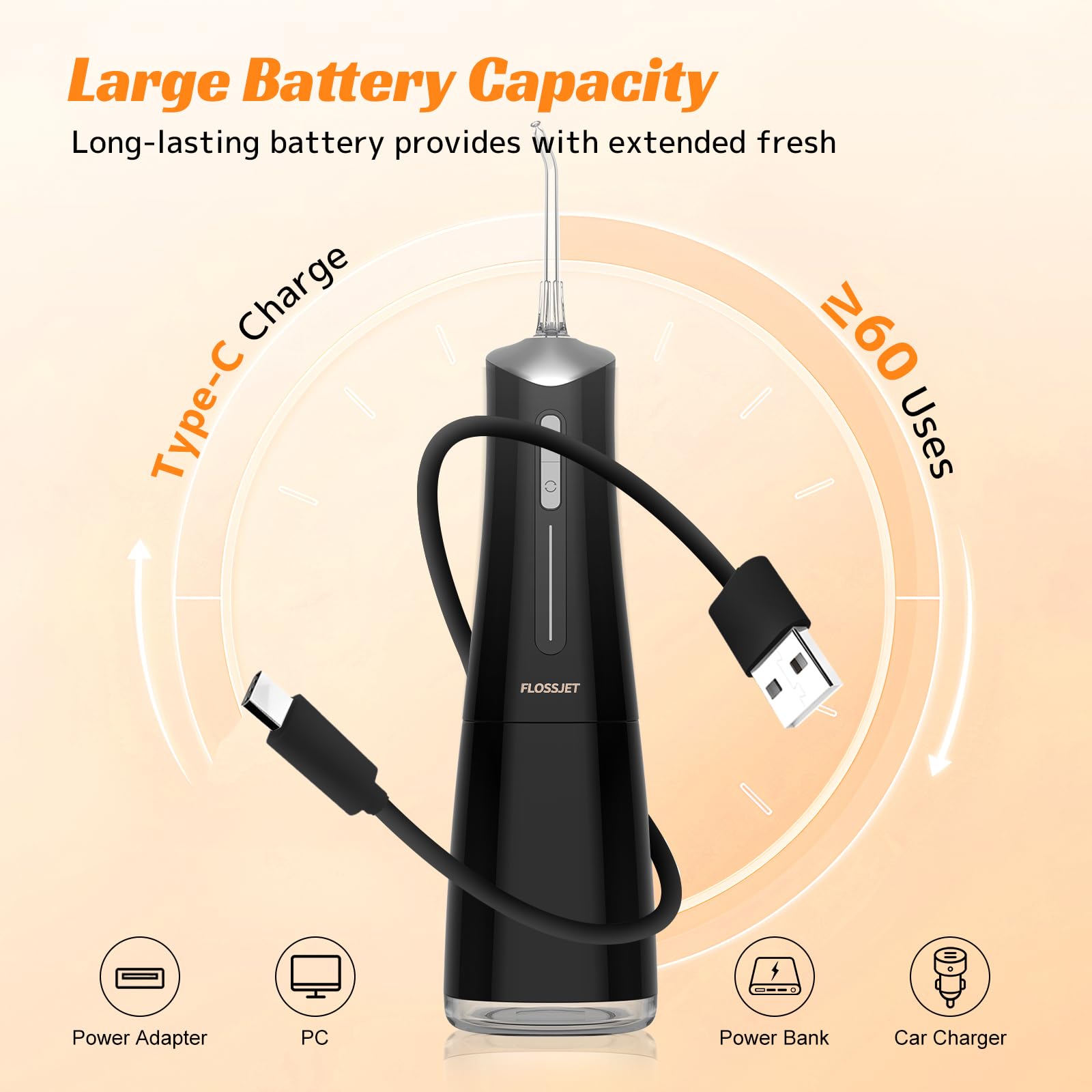 FlossJet kit con 5 puntas multifunción y cable USB-C listo para carga rápida y viajes