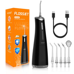 FlossJet vista frontal del irrigador negro con acabado electrochapado y mango ergonómico, fácil agarre