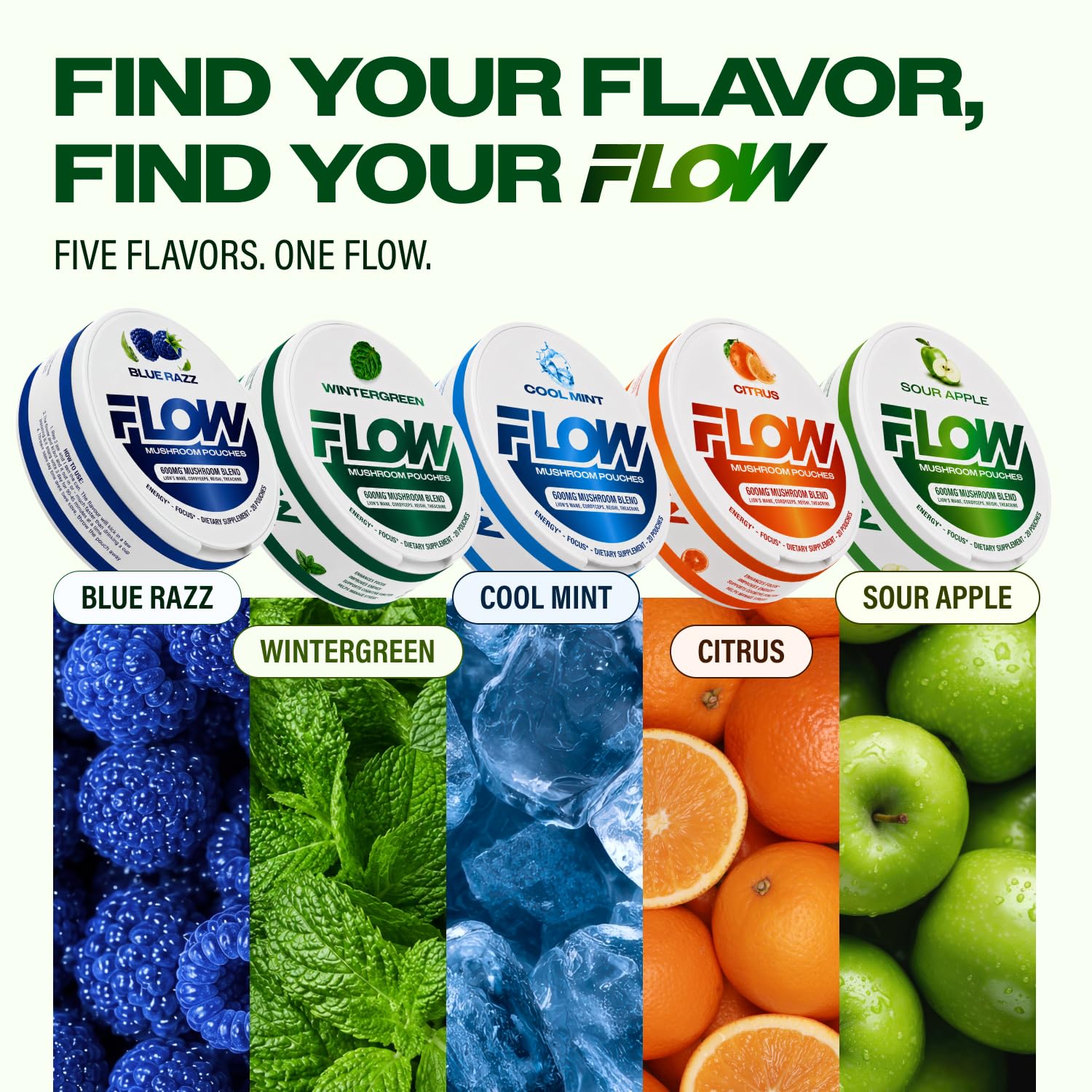 Flow Pouches lifestyle con manzanas ácidas para representar sabor fresco