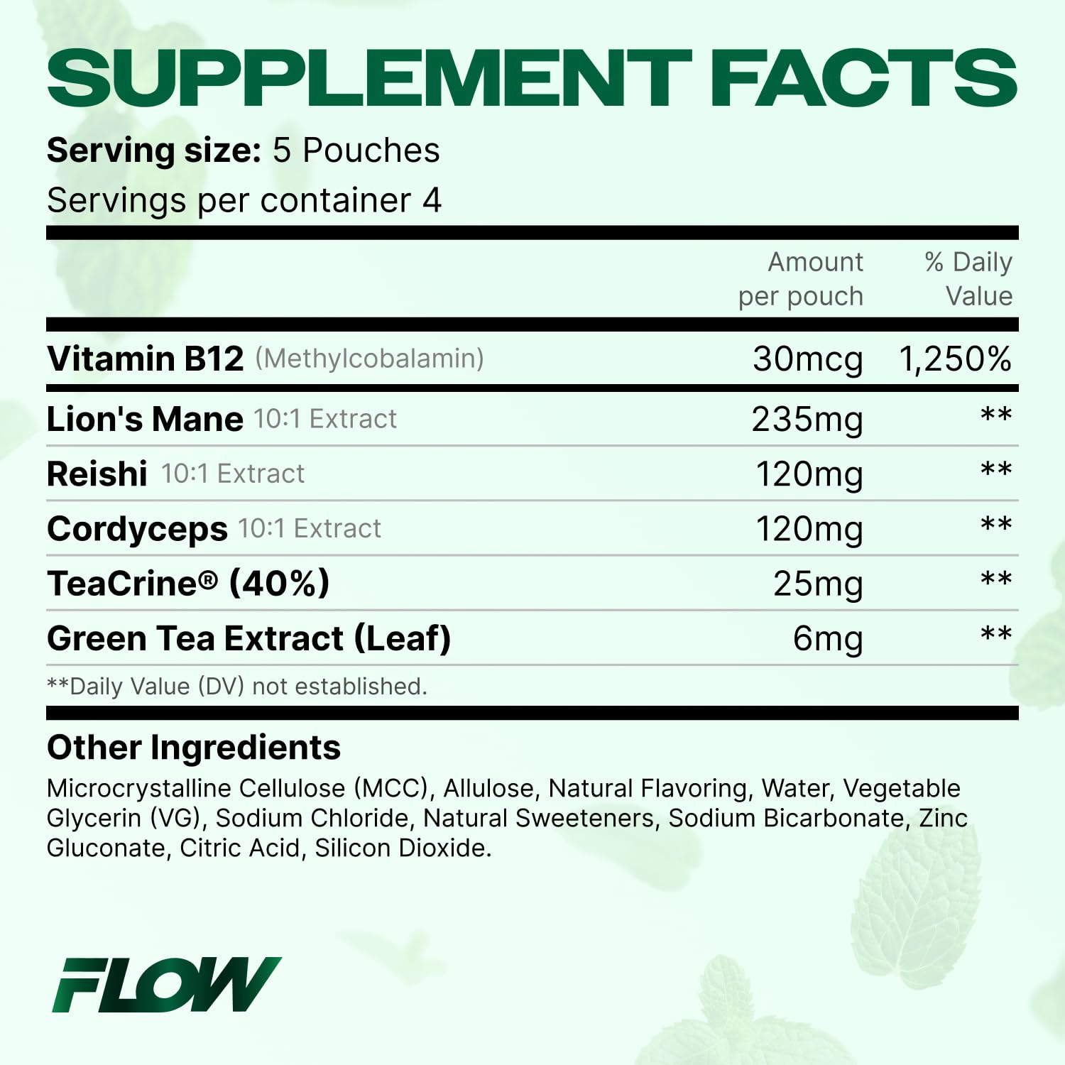 Flow Pouches composición de lion's mane, reishi y cordyceps detallada