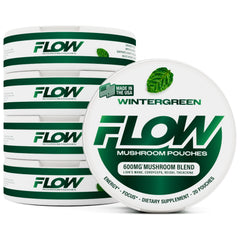 Flow Pouches envase frontal wintergreen mostrando latas y diseño claro