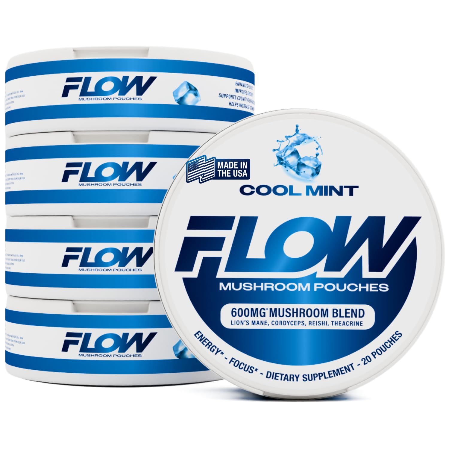 Flow Pouches envase frontal mostrando menta fría y 5 latas, práctico y discreto