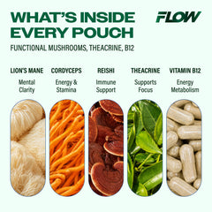 Flow Pouches etiqueta con lista de ingredientes y beneficios claros