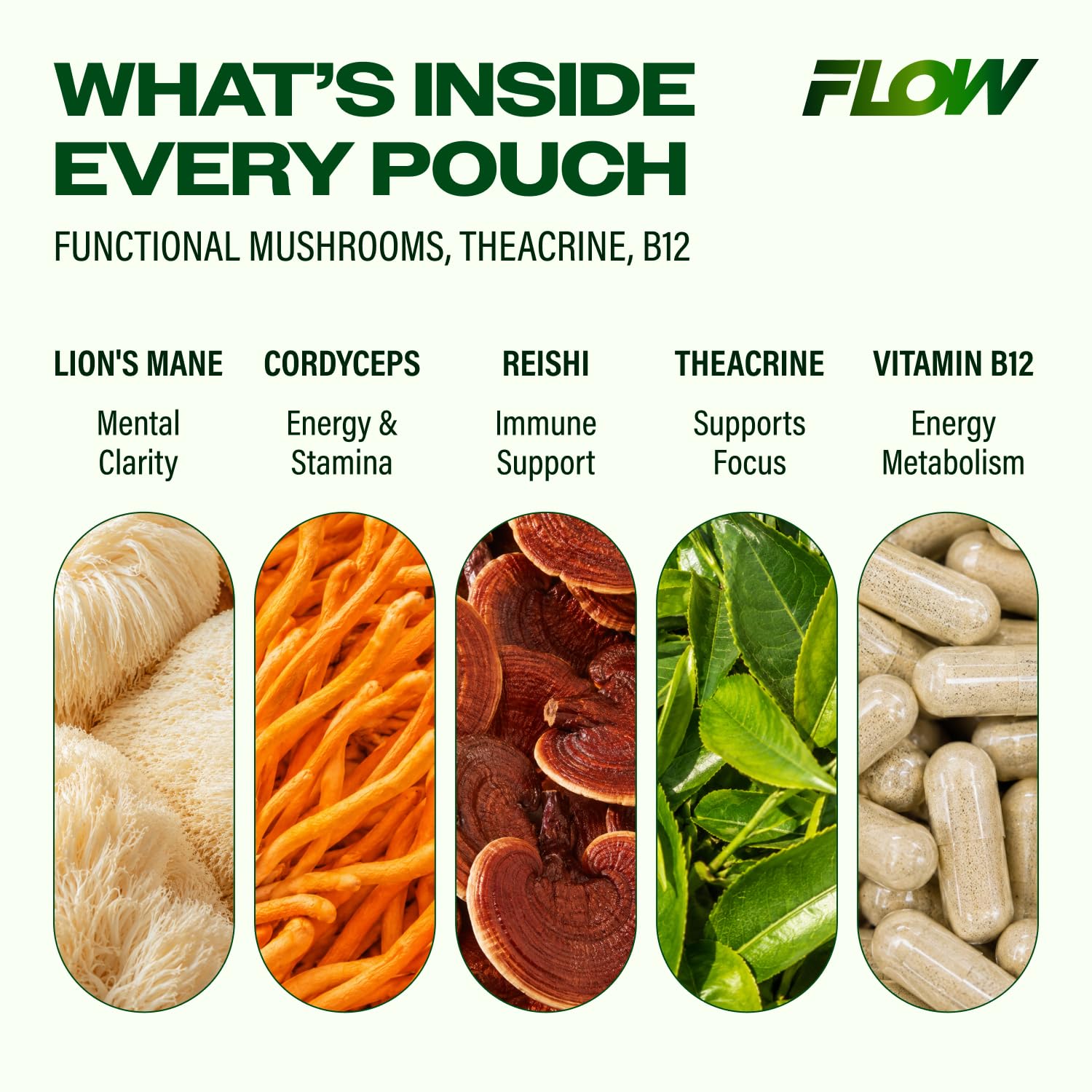 Flow Pouches etiqueta con ingredientes e información del producto visible
