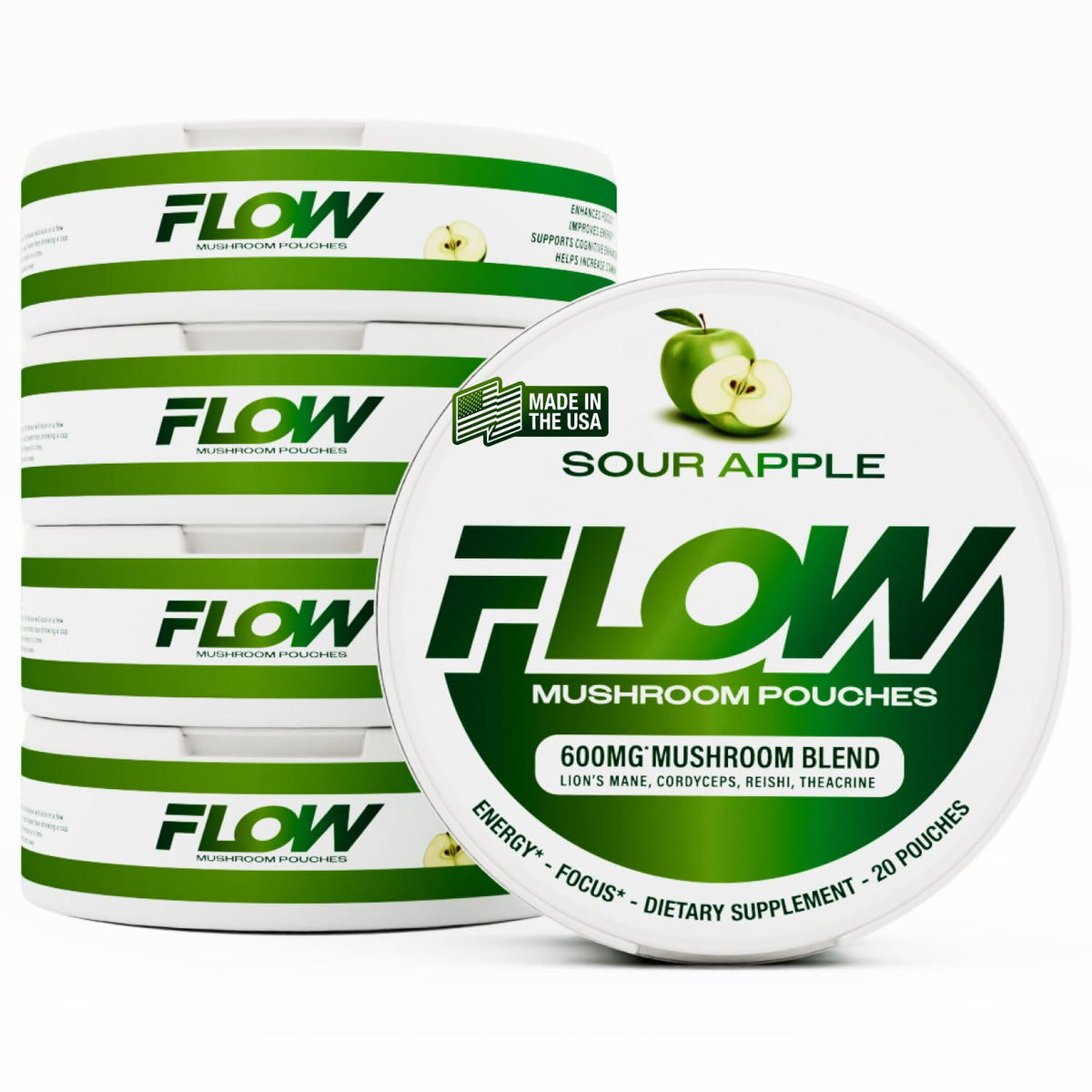 Flow Pouches frente del envase mostrando diseño y sabor manzana ácida