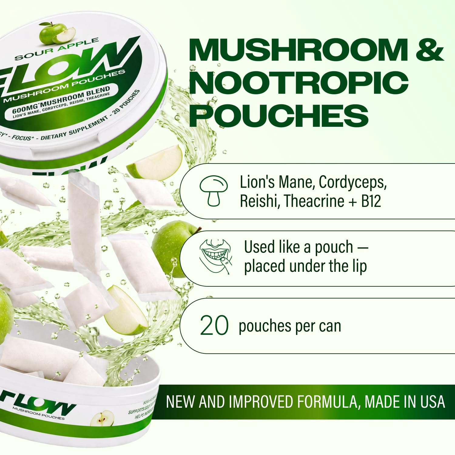 Flow Pouches lata abierta con pouches visible, portabilidad y cantidad
