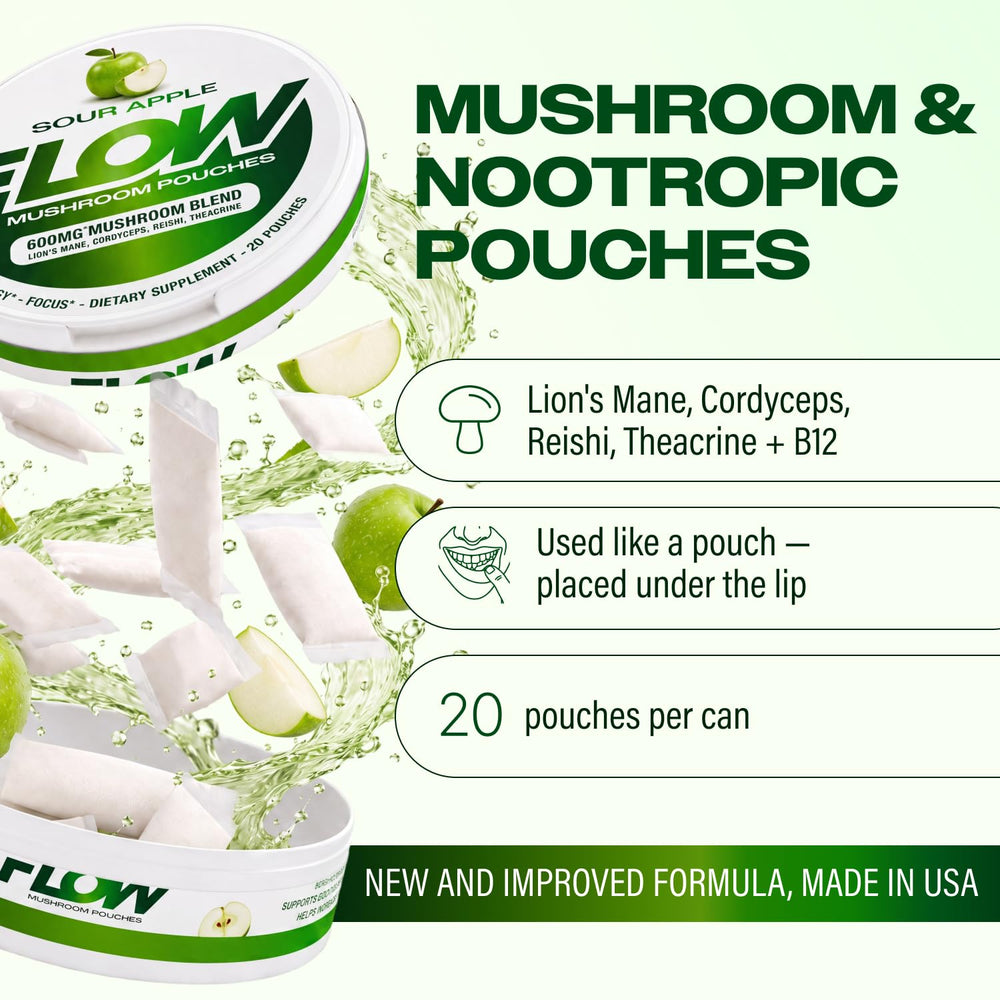 Flow Pouches lata abierta con pouches visible, portabilidad y cantidad