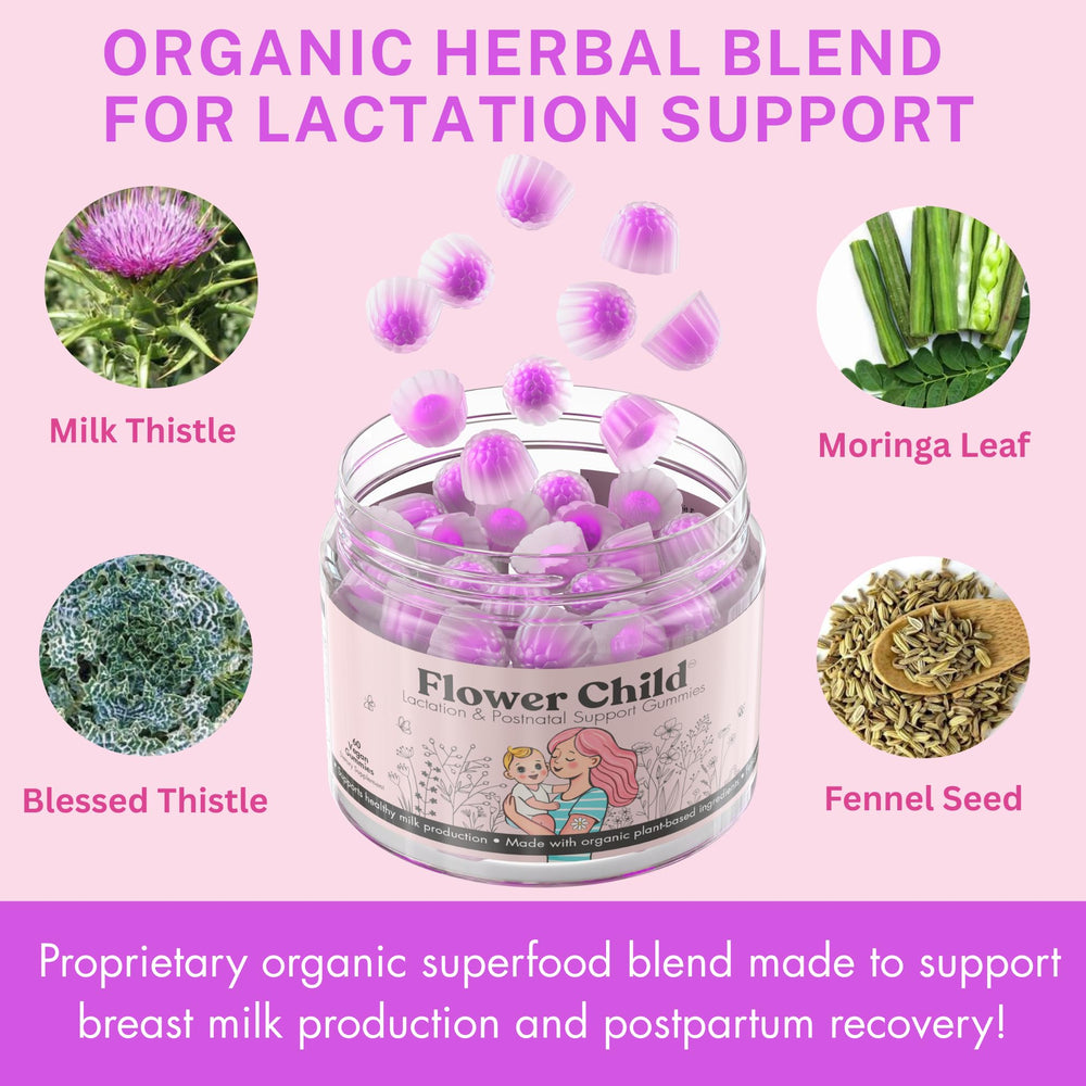 Flower Child etiqueta con lista de ingredientes y beneficios claros