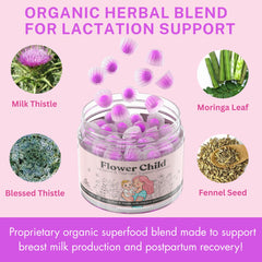 Flower Child etiqueta con lista de ingredientes y beneficios claros