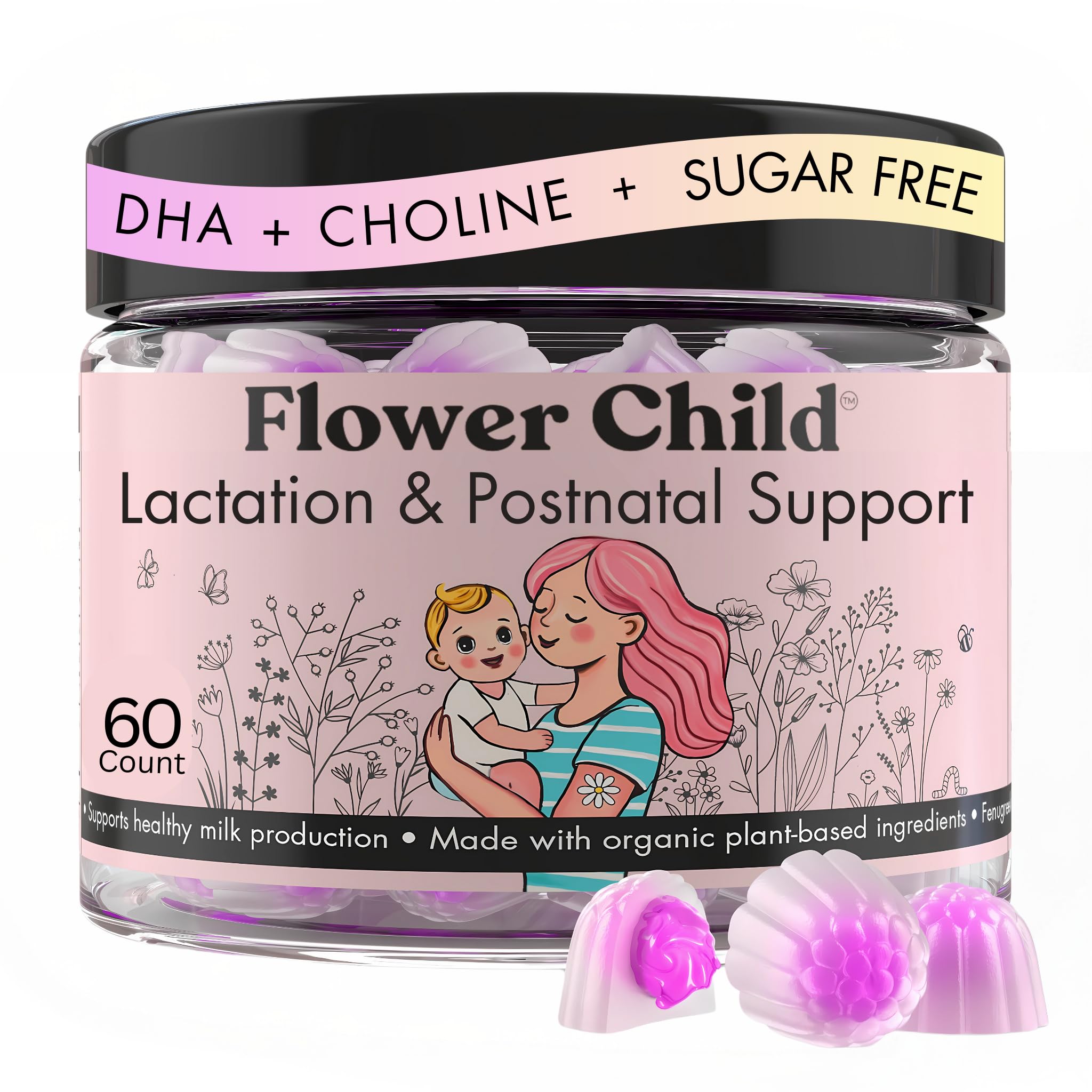 Flower Child frente del envase mostrando 60 gomitas y beneficios