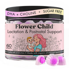 Flower Child frente del envase mostrando 60 gomitas y beneficios
