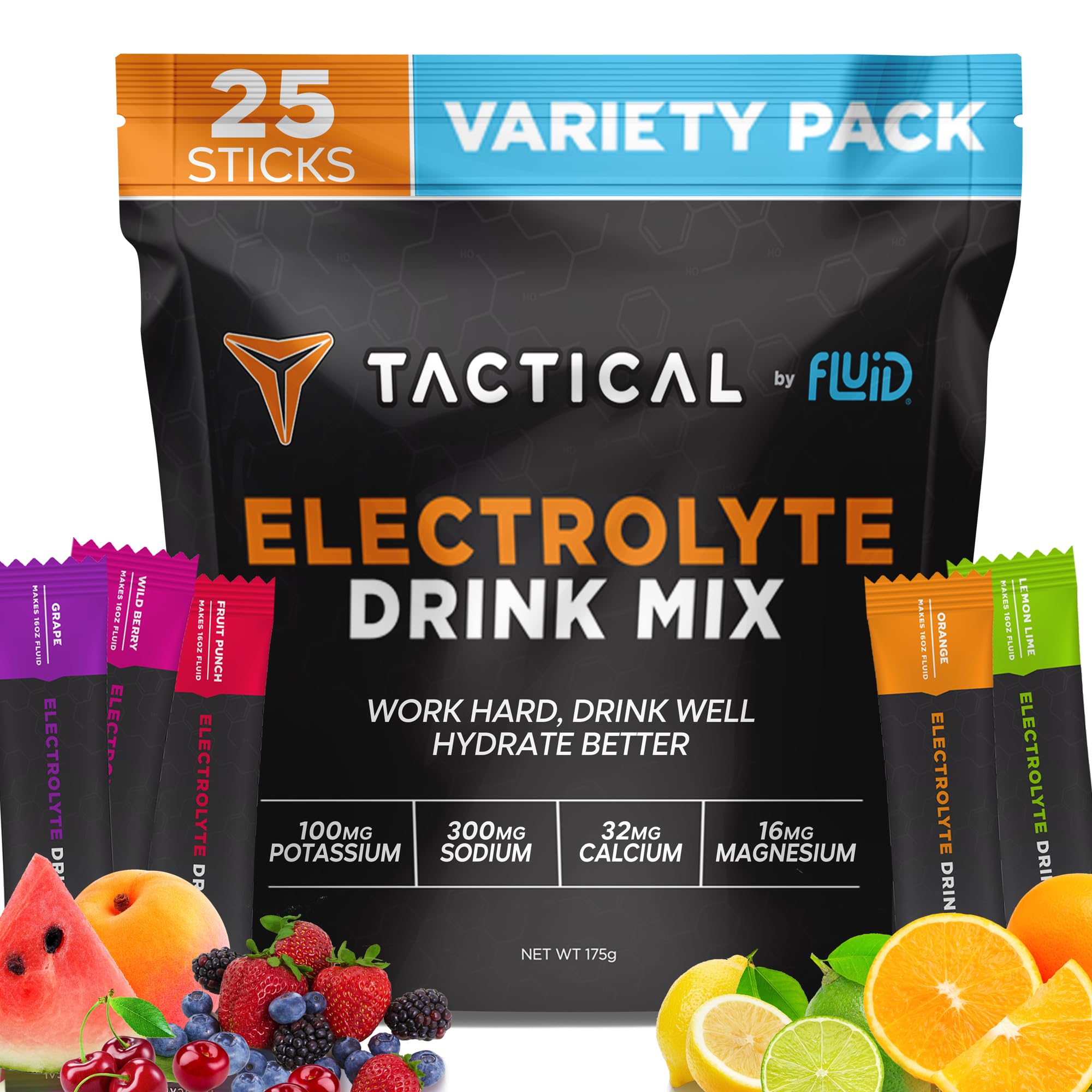 Fluid Tactical frente del empaque mostrando 25 sobres y conveniencia de viaje