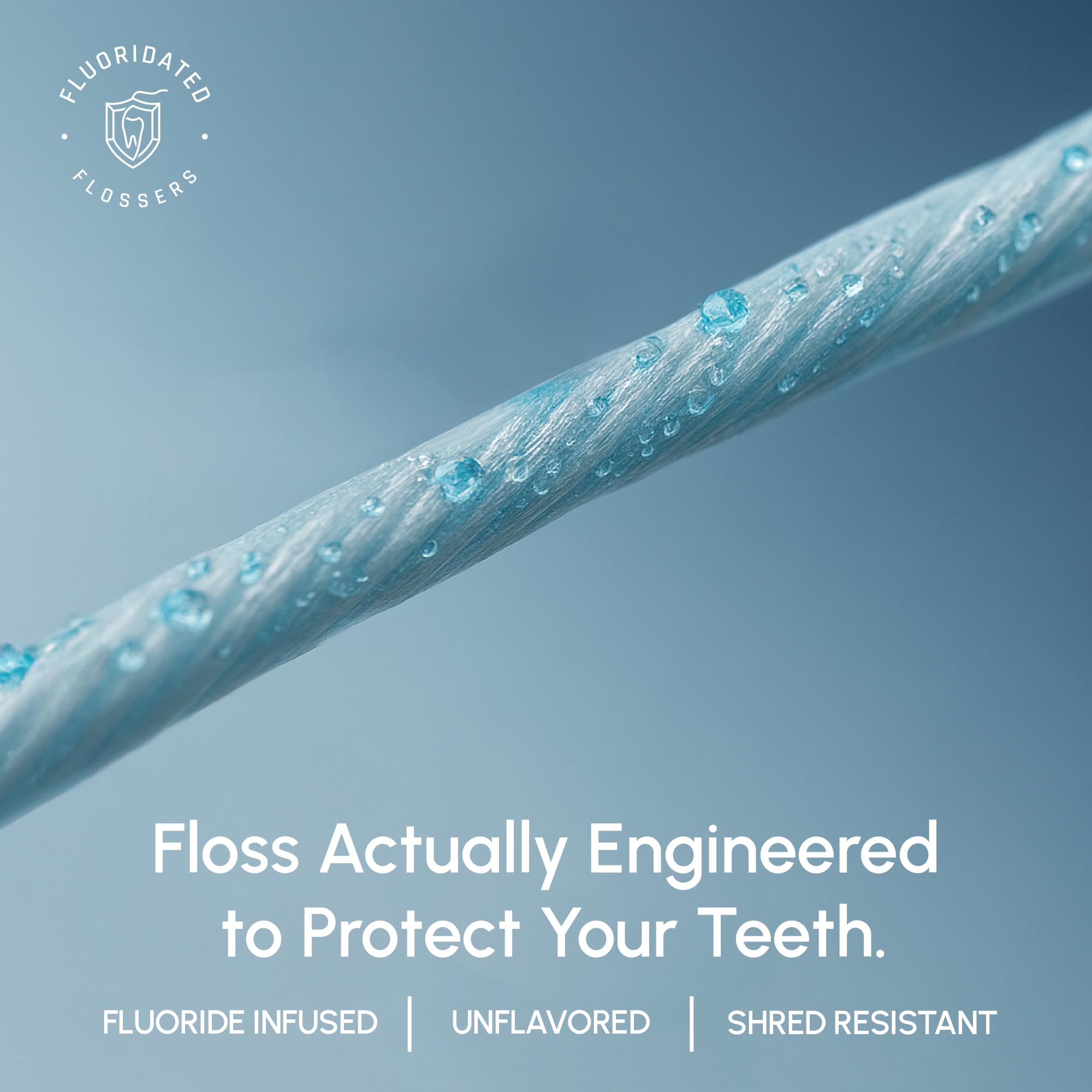 Fluoridated Flossers primer plano del hilo de nailon resistente que evita deshilachado