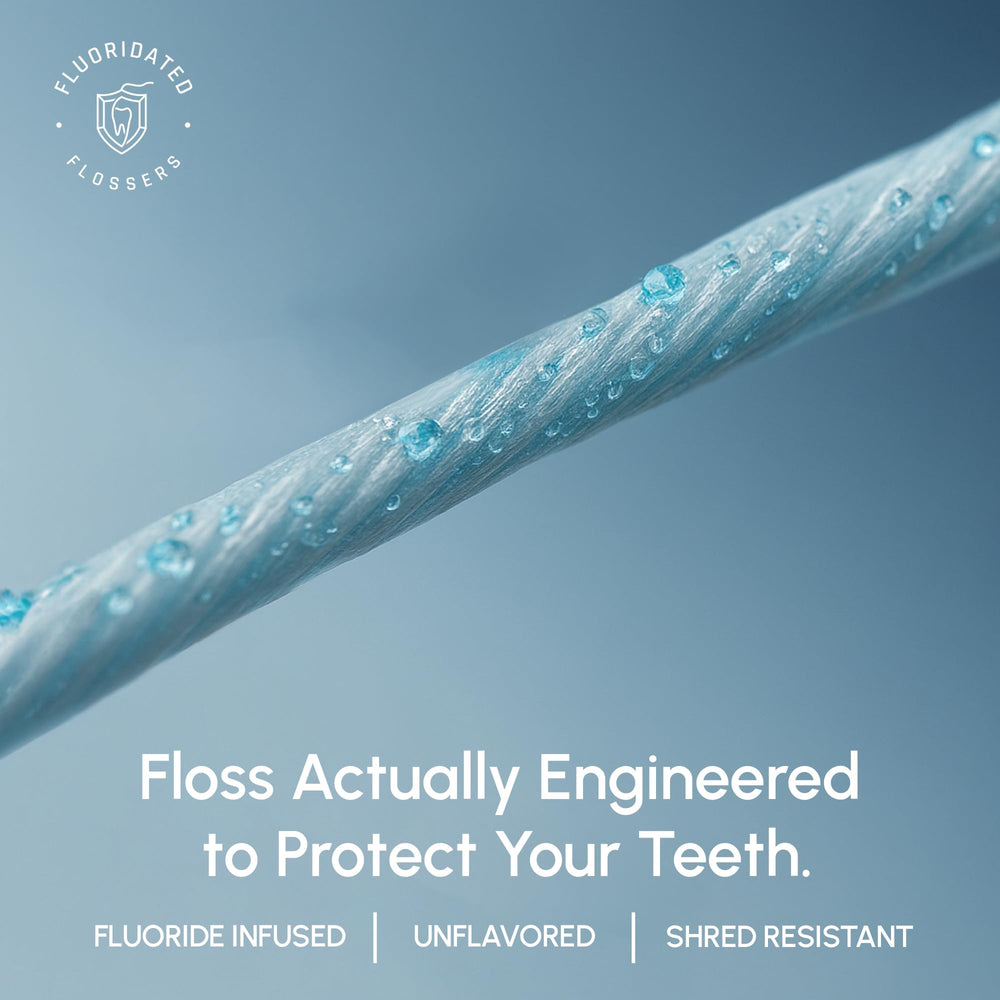 Fluoridated Flossers primer plano del hilo de nailon resistente que evita deshilachado