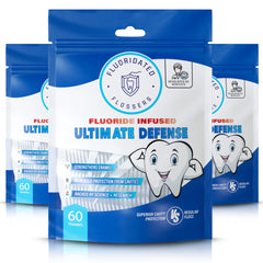 Fluoridated Flossers empaque frontal mostrando 180 unidades y conveniencia