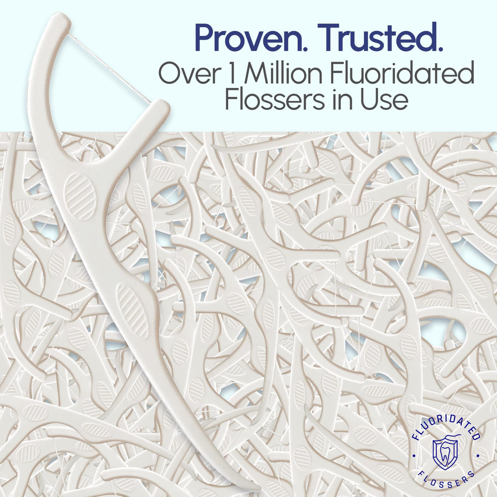 Fluoridated Flossers comparación de tamaño junto a monedas para escala portátil