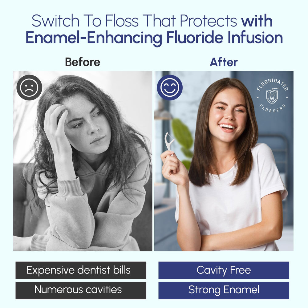 Fluoridated Flossers pick usado junto al lavabo mostrando rutina diaria