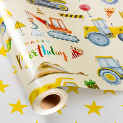 Flyhill imagen frontal del rollo con excavadoras y HAPPY BIRTHDAY, colores llamativos para fiestas