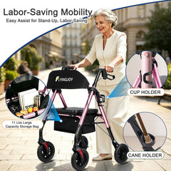 FlyingJoy rollator plegado rodando hacia el maletero para fácil transporte