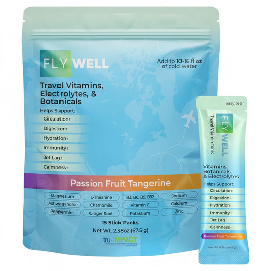 FlyWell frente del paquete mostrando los 15 sticks, práctico para viajar