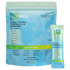 FlyWell frontal del empaque lemon lime mostrando sobres para viaje y comodidad