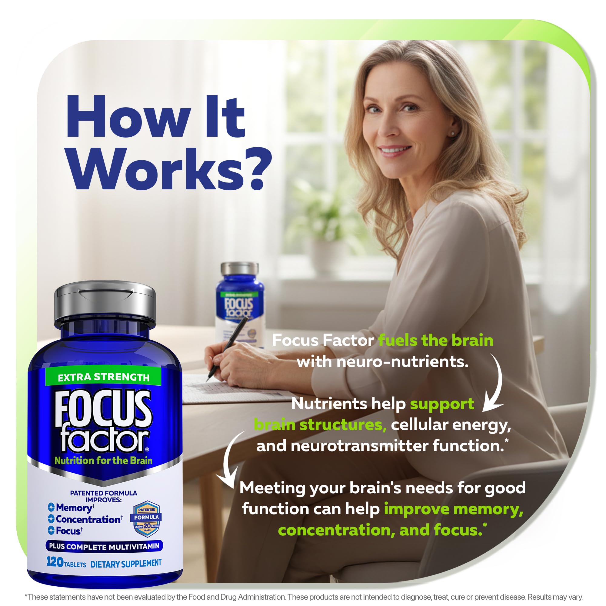 Envase de Focus Factor en mano para comparar tamaño y cantidad de cápsulas