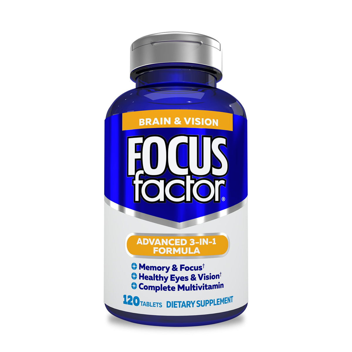 Focus Factor frente del empaque mostrando 120 tabletas y beneficios clave