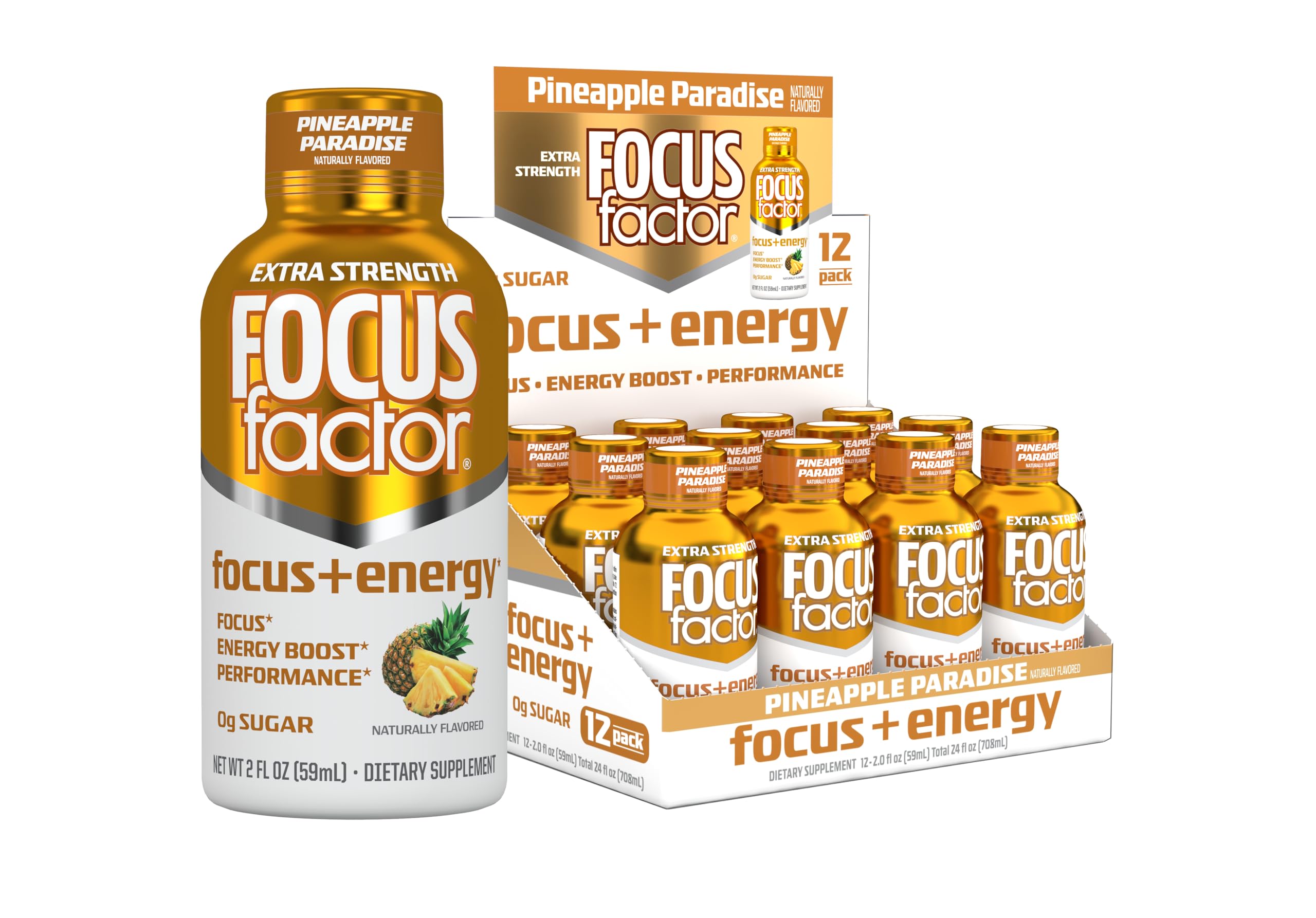 Focus Factor frontal del empaque mostrando 12 botellas y beneficio conveniencia