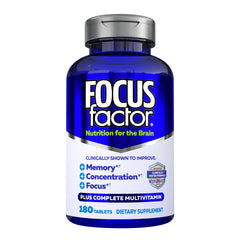 Focus Factor envase frontal 180 cápsulas mostrando ahorro y conveniencia
