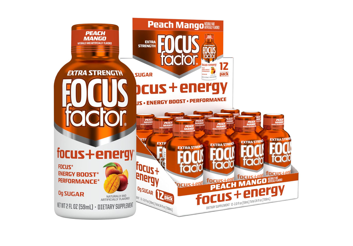Focus Factor frontal del paquete durazno mango mostrando el diseño y beneficio práctico