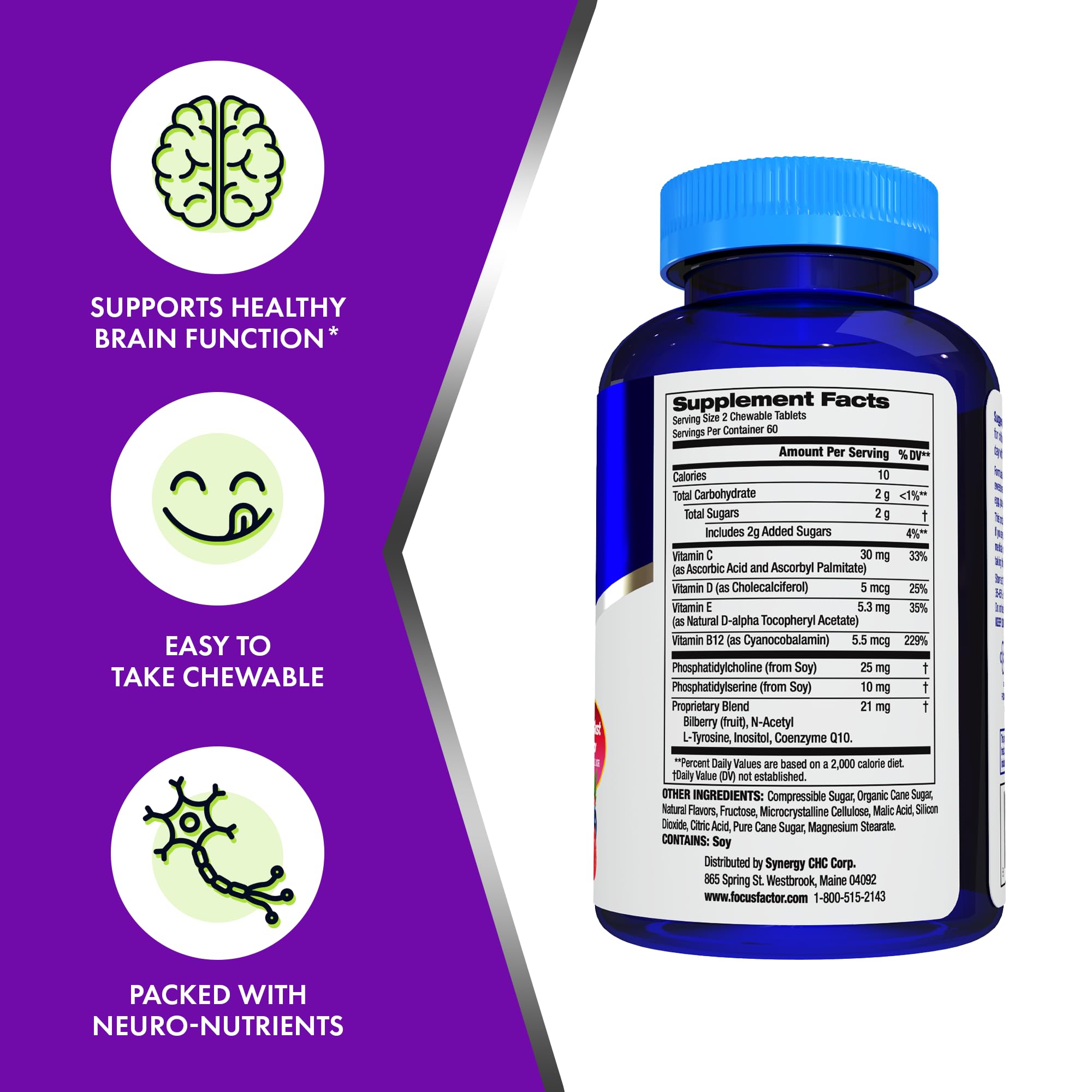 Focus Factor primer plano textura del masticable y facilidad de masticación