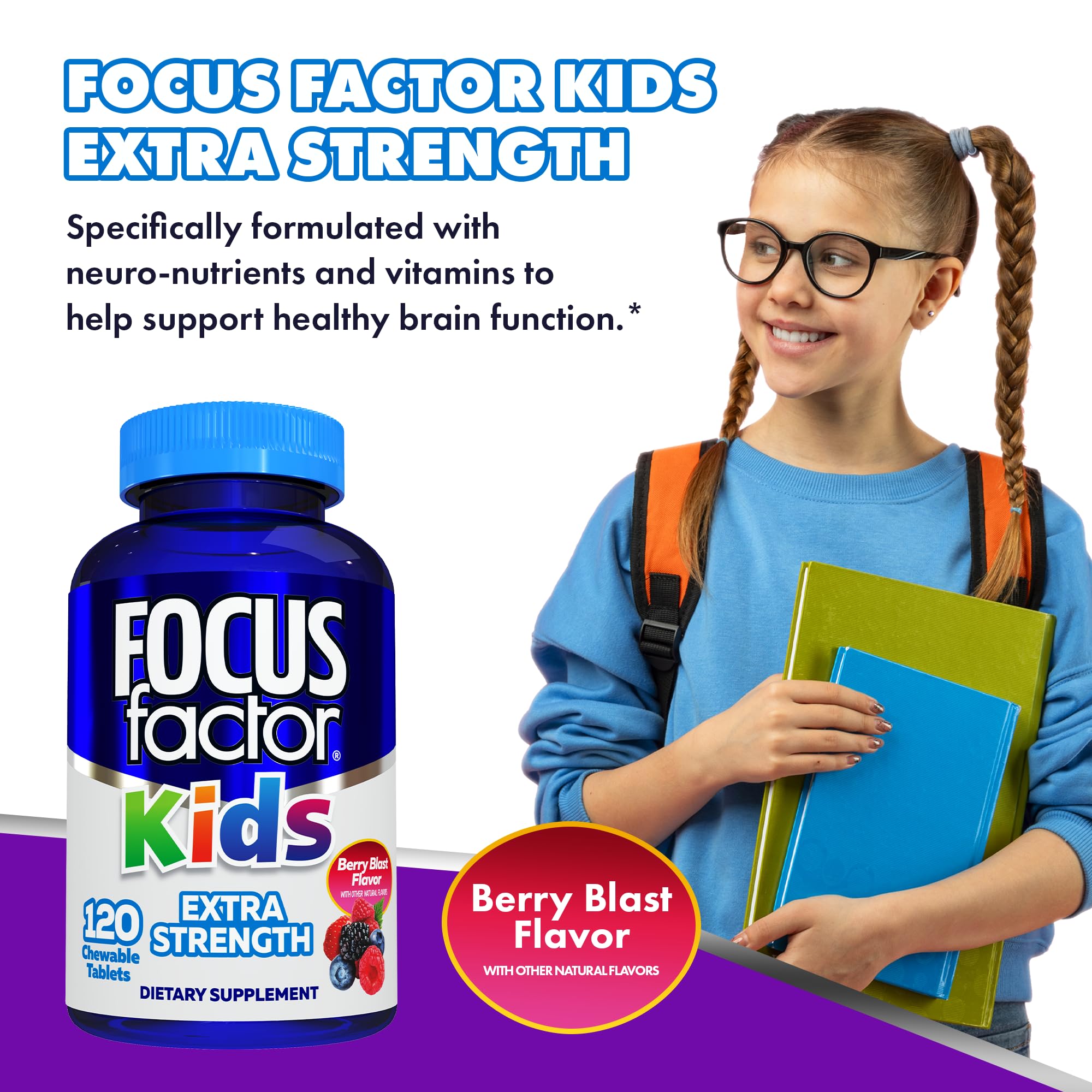 Focus Factor etiqueta frontal con ingredientes clave y beneficios claros