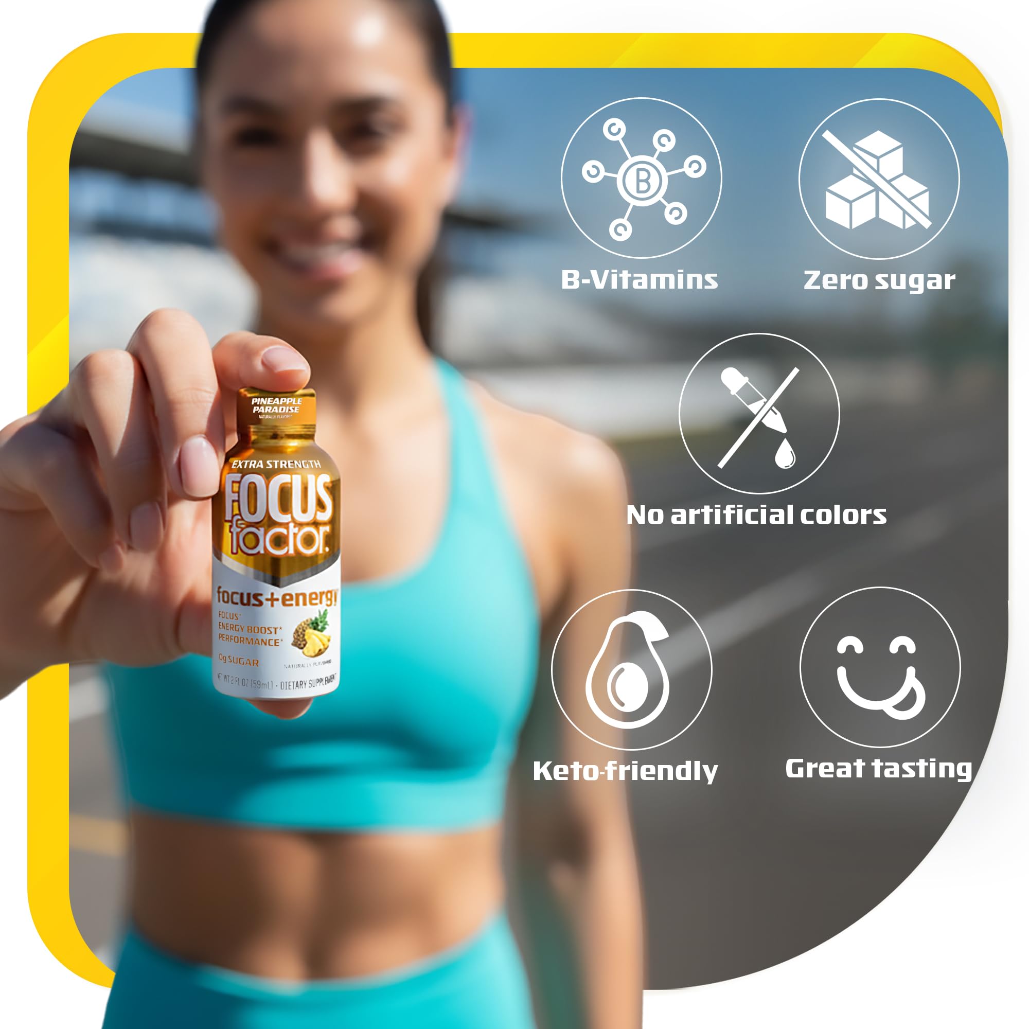 Focus Factor shot en mano listo para beber y aumentar la concentración