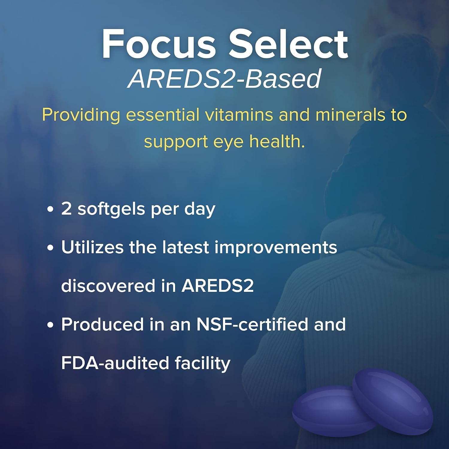 Mano sosteniendo cápsulas Focus Select AREDS2 para apreciar tamaño y porción