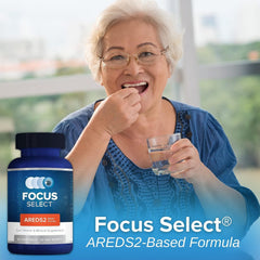 Etiqueta de Focus Select AREDS2 con lista de ingredientes y niveles de zinc y carotenoides