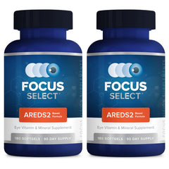 Focus Vision Supplements envase frontal mostrando 360 cápsulas y beneficios de apoyo visual