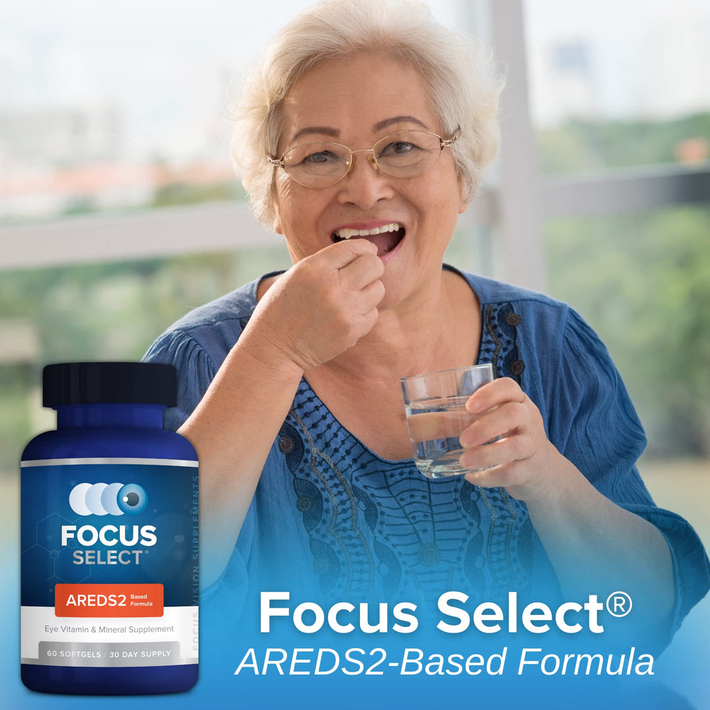 Focus Vision Supplements etiqueta cercana destacando nutrientes AREDS2