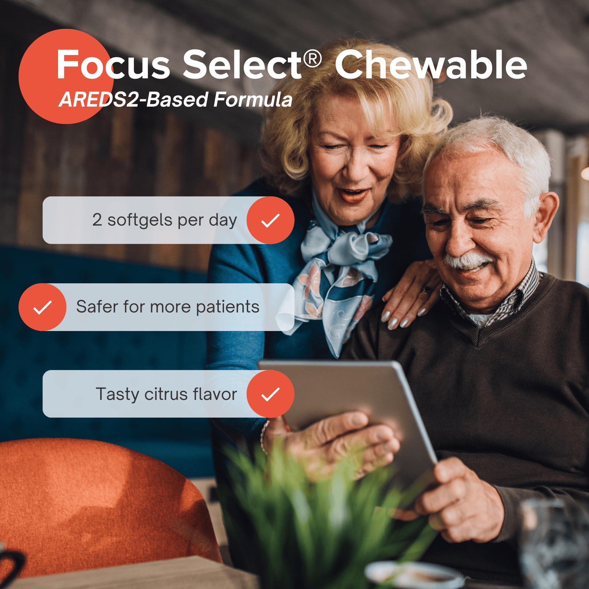 Focus Vision Supplements tableta sabor cítrico sobre mesa que sugiere toma diaria