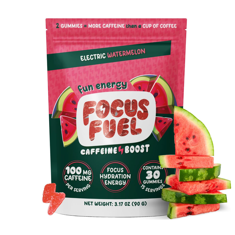 FocusFuel embalaje frontal mostrando 15 porciones y sabor sandía, ideal para llevar