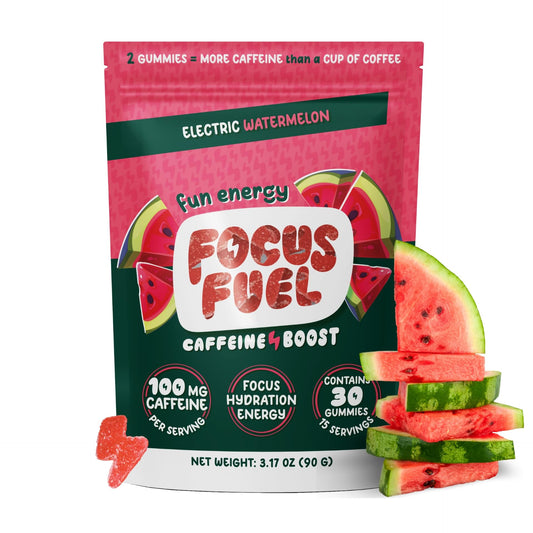 FocusFuel embalaje frontal mostrando 15 porciones y sabor sandía, ideal para llevar