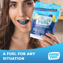 FocusFuel envase abierto con gomitas visibles para almacenamiento y portabilidad