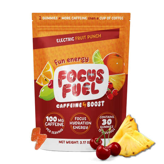 FocusFuel envase frontal mostrando la marca y diseño, práctico para llevar