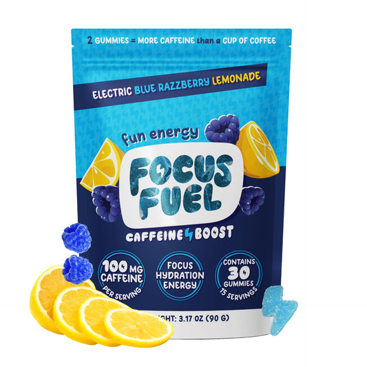 FocusFuel frasco frontal con gomitas y sabor blue razzberry lemonade resaltando conveniencia