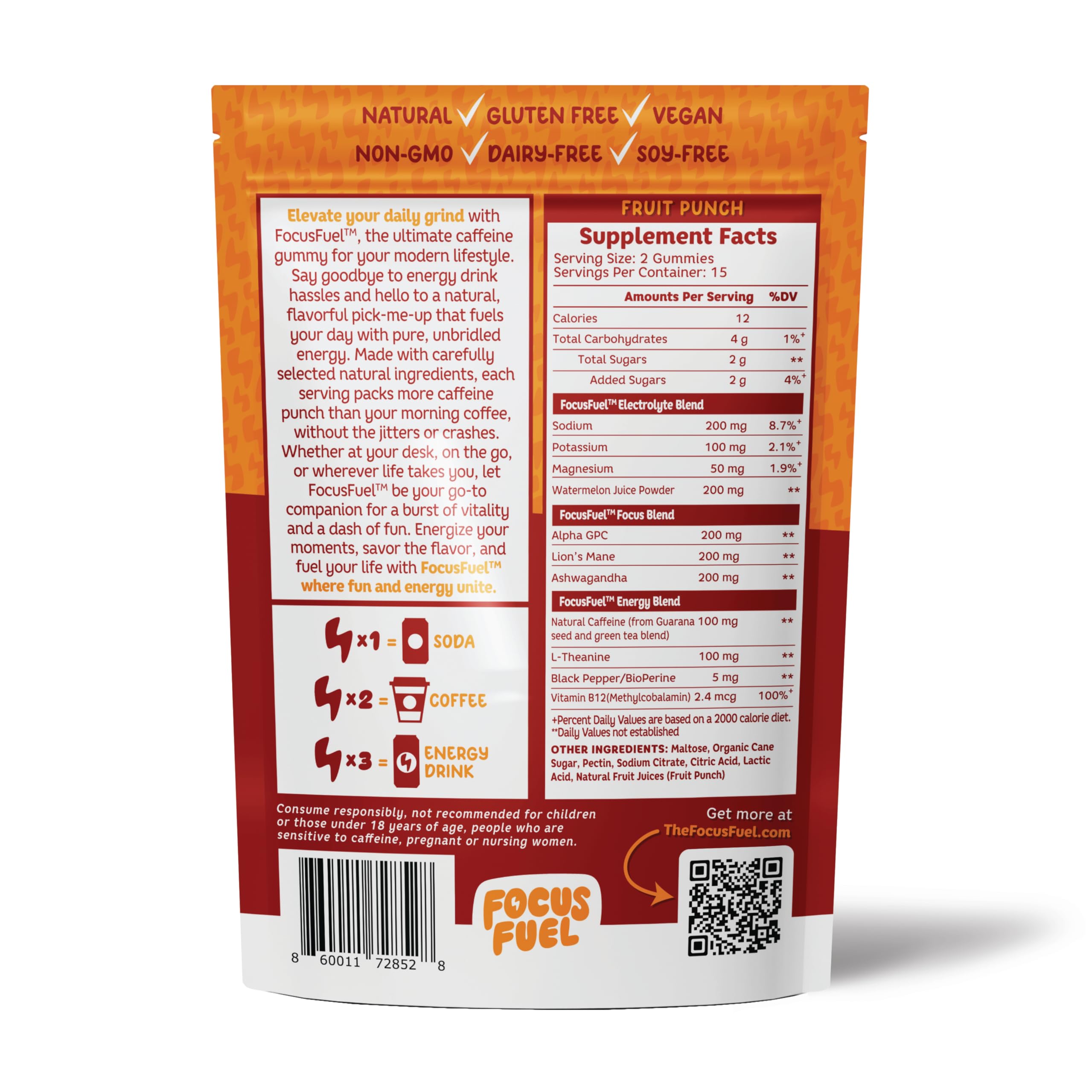 Close-up de gomitas FocusFuel textura masticable que promete sabor natural