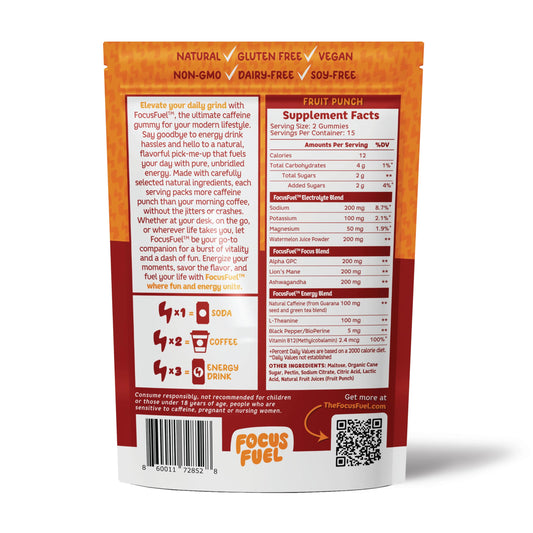 Close-up de gomitas FocusFuel textura masticable que promete sabor natural