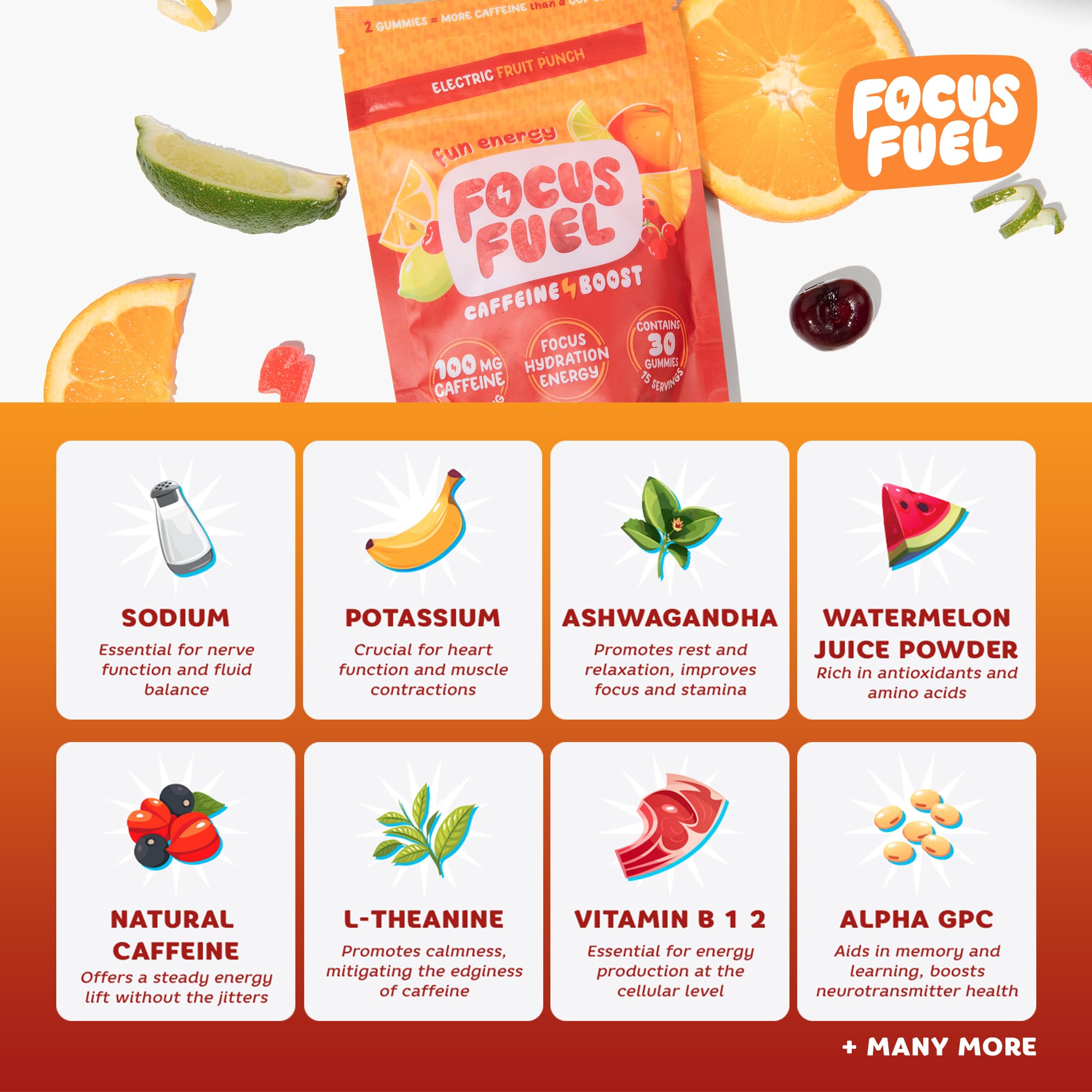 Etiqueta FocusFuel con lista de ingredientes clave y beneficios visibles