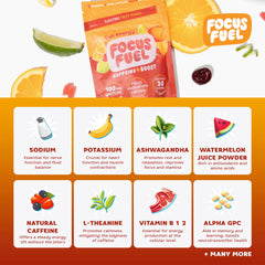 Etiqueta FocusFuel con lista de ingredientes clave y beneficios visibles